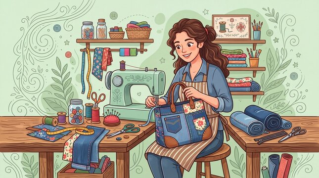 Woman Sewing Handmade Denim Bag at Workshop Table Illustration
