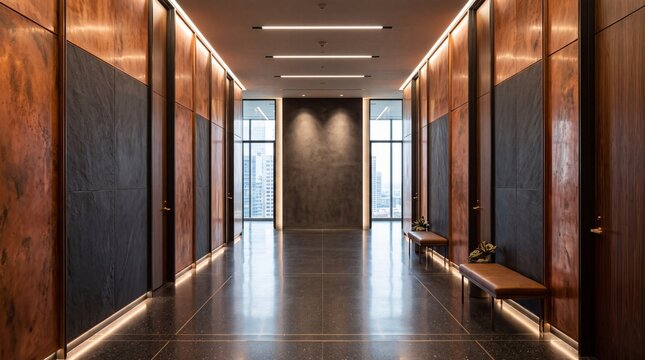 Modern Luxury Corporate Office Corridor with Wood Paneling