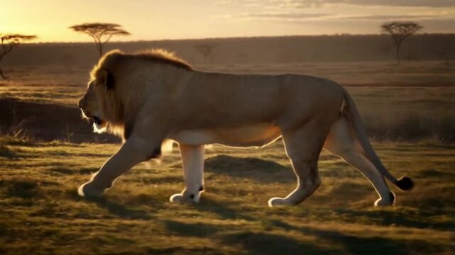 A mighty male lion walks on a grassland at sunset, with golden light illuminating his body from behind.
