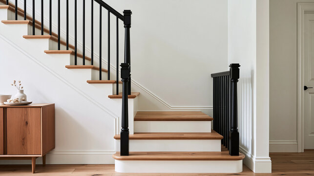 Modern Wooden Staircase with Black Banister in Home Interior
