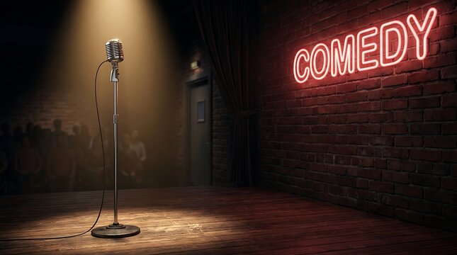 Vintage retro microphone under bright warm stage spotlight with glowing red neon comedy sign on brick wall for standup performance entertainment concepts.