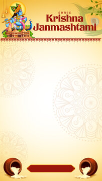 Krishna Janmashtami Horizontal Greeting Card with Krishna and Butter Pot Illustration