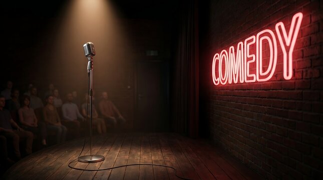 Vintage microphone on dark wooden standup comedy club stage under warm spotlight next to red neon sign on brick wall for entertainment performance background.
