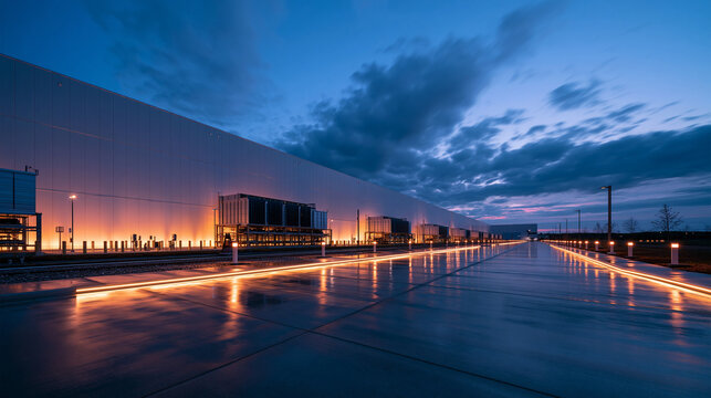 Modern Data Center Facility Exterior at Dusk