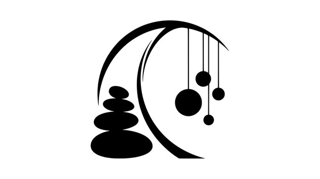 Minimalist zen stone balance and mobile vector illustration set. Stacked pebbles and hanging circular spheres with elegant curves perfect for wellness branding, spa logo design, and interior decor.