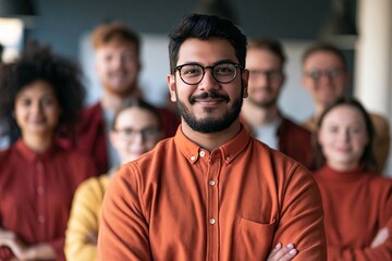 Fototapeta premium Smiling middle eastern businessman with glasses standing in front of his team