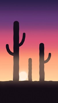 Cactus silhouettes at sunset with gradient sky. 2d animation