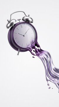 Surreal purple alarm clock melting into liquid on a clean white background