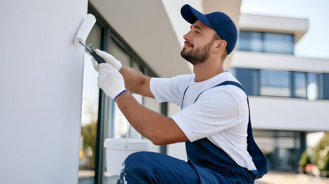 Smiling professional painter in uniform painting exterior wall with roller brush, working outdoors on modern building facade.