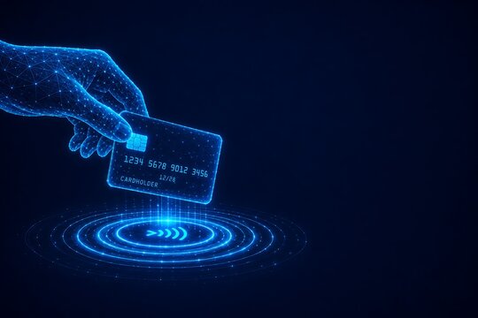 Digital hand tapping credit card on contactless payment terminal with glowing rings. card protection transaction monitoring contactless. card protection