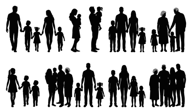 Black silhouette family people collection with parents children and grandparents vector