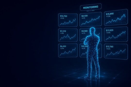 Futuristic wireframe businessman standing in front of multiple glowing financial trading charts. card protection transaction monitoring