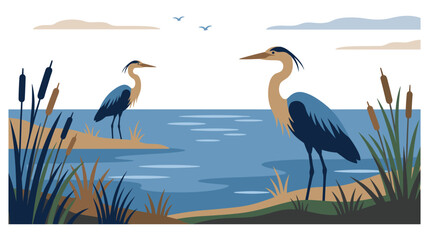 Naklejka premium Great blue heron birds standing in swamp lake landscape painting.