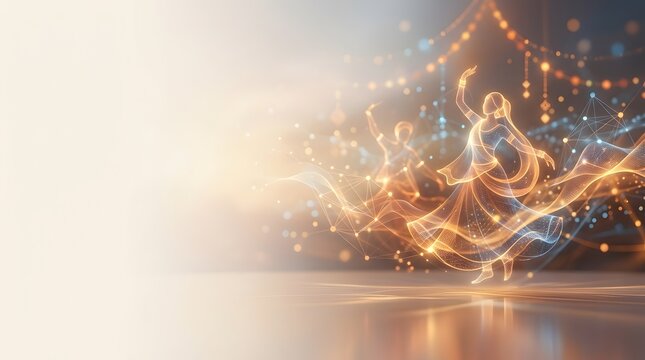 Glowing digital wireframe figures dancing traditional folk steps in festive golden light