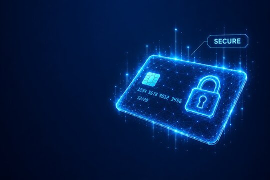 Digital credit card protected with padlock icon rendered in futuristic glowing blue wireframe style. card protection transaction monitoring