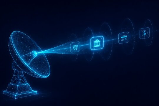 Futuristic satellite dish transmitting financial icons and data stream in glowing blue wireframe graphics. card protection transaction monitoring