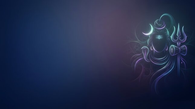 Glowing neon line art depiction of hindu deity with trident and crescent moon on dark blue background
