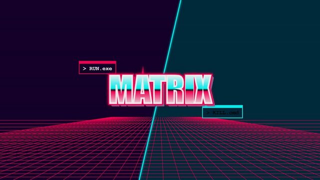 Matrix typography featuring glowing neon text animation with perspective grid floor and command prompts in classic eighties synthwave video style