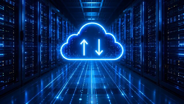 Glowing blue cloud computing icon with upload and download arrows floating in a futuristic digital server room representing data storage network