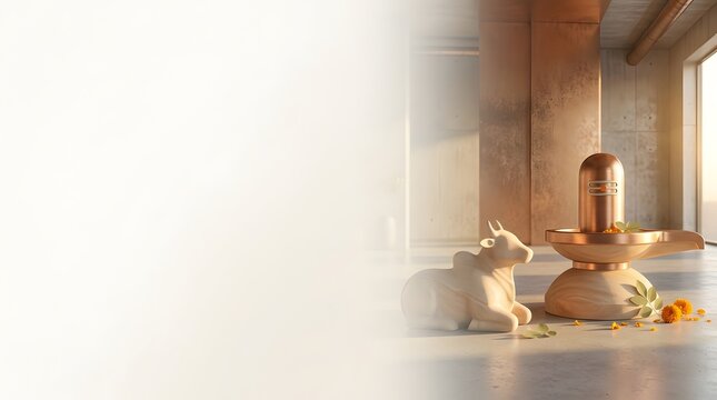 Golden lingam and nandi sculpture illuminated by soft sunlight in minimalist interior
