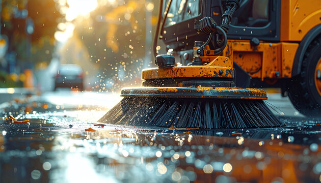 This closeup of a yellow street sweeper machine cleaning a wet city road during a warm golden sunset, splashing water, evokes feelings of fresh renewal. Nobody is present.