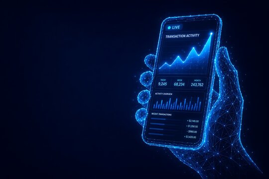 Hand holding smartphone displaying glowing stock market graphs and financial data analytics in wireframe design. card protection