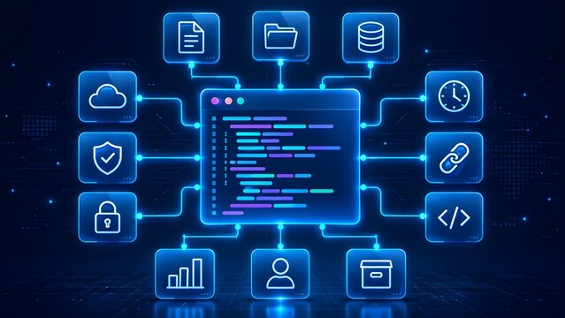 Digital programming dashboard surrounded by glowing functional icons representing application programming interface and workflow automation network