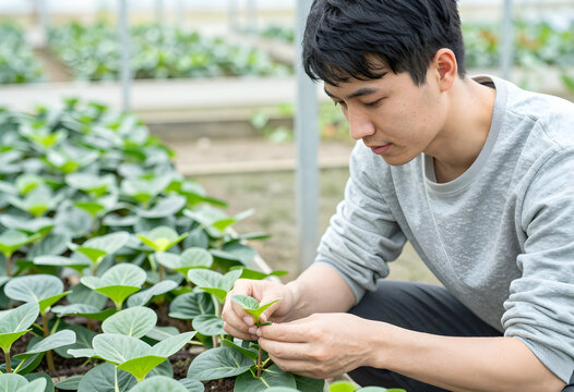 Sustainable agriculture and organic farming, young farmer inspecting green seedlings in a greenhouse for food security and local produce cultivation