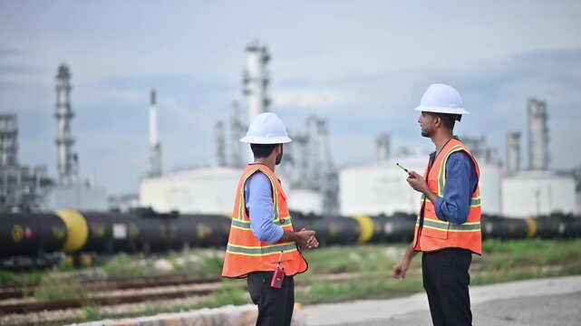 Engineers wearing safety gear, including hard hats examining survey tablet standing industrial facility gas or oil refinery engaged in a job requires high safety standards concept.	