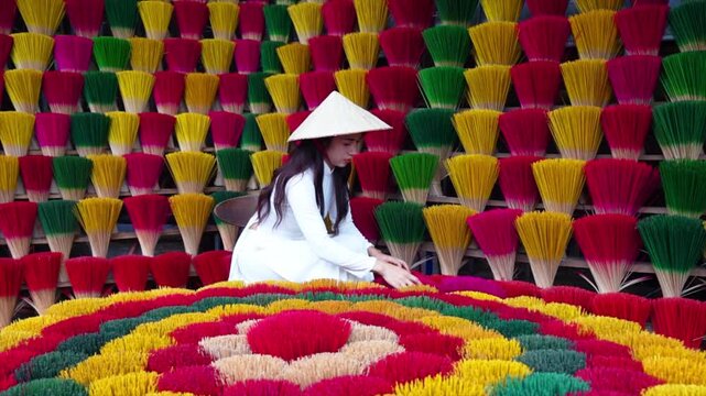A young Vietnamese woman in a white national costume arranges colorful incense sticks in Hue, Vietnam.