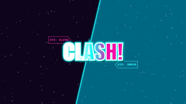 Clash animated text overlay featuring glowing neon typography and dynamic space themed background motion for intense competitive gaming video clip