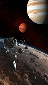 Mars surface with red planet and crater in view.