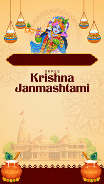 Krishna Janmashtami Vertical Festival Poster with Krishna and Traditional Indian Temple Decorations