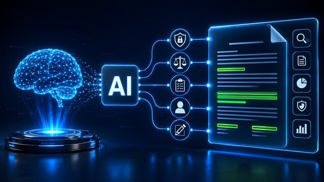 Digital brain connected to an artificial intelligence module analyzing a glowing futuristic document representing smart contract and automated data auditing
