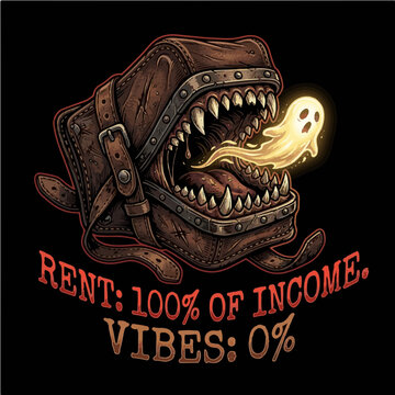 Monster Wallet Eating Ghost Rent 100% Of Income Vibes 0% Funny Financial Inflation Vector