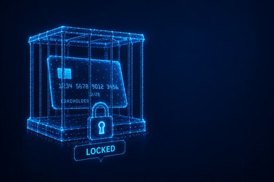 Credit card secured inside glowing futuristic wireframe cage with padlock symbol and locked status text. card protection transaction monitoring