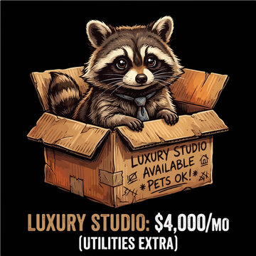 Cute Raccoon In Cardboard Box Luxury Studio 4000 a Month Funny Housing Market Vector Illustration