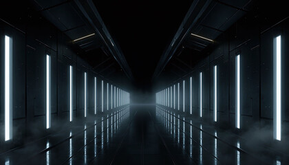 Fototapeta premium An empty, dark futuristic corridor with glowing white neon light panels and a highly reflective glossy floor shrouded in mysterious fog. Perfect for scifi concepts, nobody.