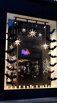 Halloween shop window display animation featuring hanging glowing stars and black paper bats with flickering candles in night time footage