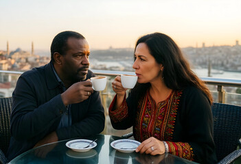 Naklejka premium Intercultural friendship and connection, mature couple drinking coffee on a rooftop terrace overlooking a historic city skyline at sunset