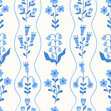 Seamless blue floral pattern with hand drawn cute flowers in stripe background. Summer spring folk print. Vector meadow and garden flowers background for fabric design, baby clothes, wallpaper.