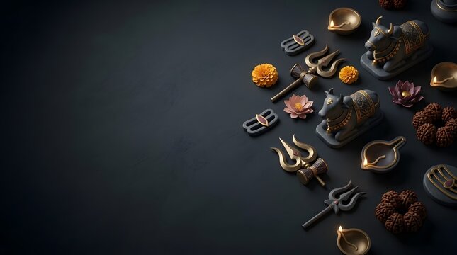 Maha Shivaratri dark flat lay background with trident bull and lamp