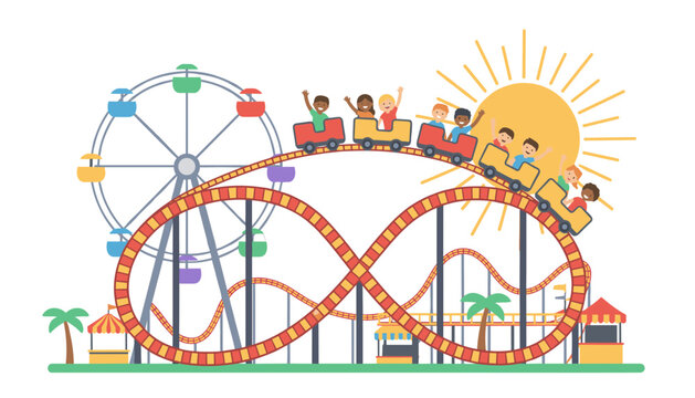 Happy children riding a roller coaster at an amusement park with a Ferris wheel in the background under a bright and shining yellow sun.