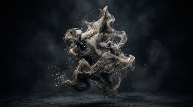 Cinematic smoke explosion on black background, dynamic swirling vapor cloud with dust particles, abstract dark mist texture