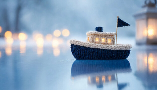 A small knitted toy boat resting on a reflective surface with warm lights