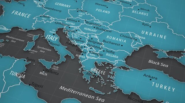 Croatia on the political map of Europe with smooth camera movement