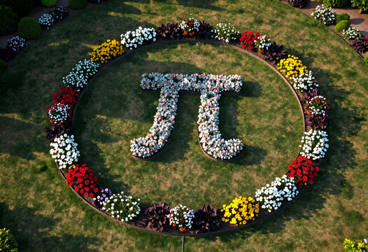 Mathematics and education concept, pi symbol formed by colorful flowers in a circular garden bed viewed from above in a public park landscape design