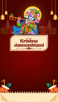 Krishna Janmashtami Vertical Festival Poster with Krishna and Traditional Indian Temple Decorations
