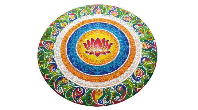 Colorful circular rangoli pattern with a central lotus flower design isolated on transparent background