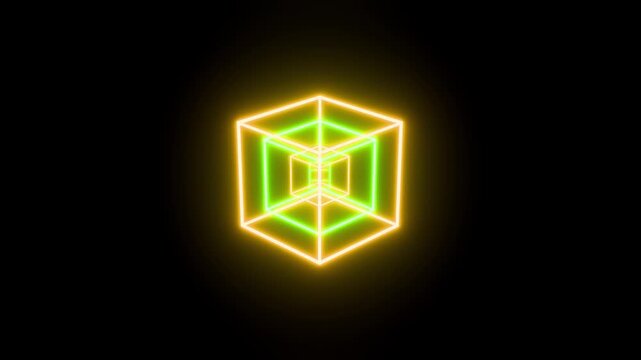 Glowing 4K neon wireframe cube rotates smoothly against a black background, creating an abstract geometric animation with luminous green and yellow lines.